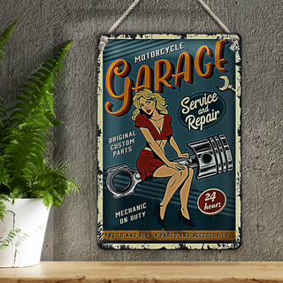 Blechschild Retro 20x30cm Pinup motorcycle Garage 24service