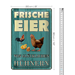 Blechschild Spruch 20x30cm frische Eier glückliche Hühner
