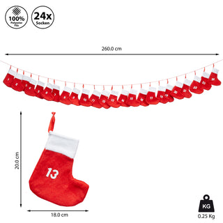 Adventskalender Socken 18x20cm Länge 260 cm Sockenkette Filz Söckchen zum Befüllen Weihnachtsstrumpf Adventszeit
