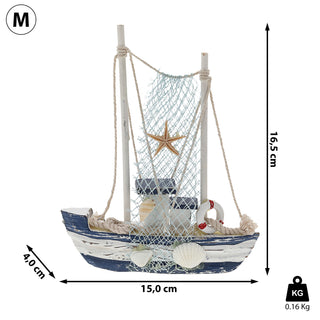 Fischerboot blau weiß 15x16,5x5cm Holz Boot Schiff Fischernetz Muscheln Seestern martim Dekoboot