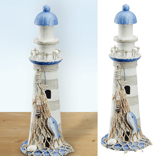 Deko Leuchtturm H30cm Holz Seil Muscheln Fische maritim Dekoration Leuchtfeuer Turm