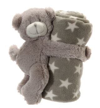 1x Babydecke "Stern" mit Bär, grau, 75x75cm, Teddybär