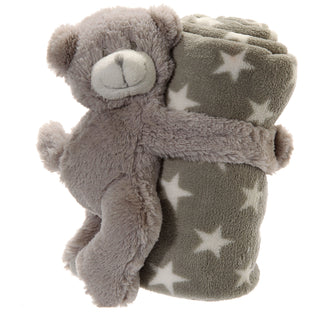Plüschbär mit Babydecke 75x75cm grau Sternendecke Bär Kuschelbär Kuscheltier Stofftier Decke Plüschtier Plüschdecke Polyester