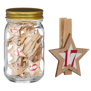 Adventskalender Einmachglas 7,5x13cm Holzklammern mit Holzstern Zahlen Holz 25tlg Adventszeit Kalender Wäscheklammern Schraubverschluss