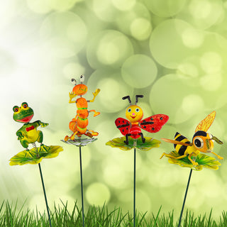 12er Set Blumenstecker Tiere auf Blatt H60cm Eisen Polystyrol bunt Biene Frosch Raupe Marienkäfer beweglich Gartendekoration