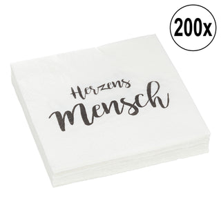 200x Servietten Herzensmensch, 3-lagig, weiß,  Liebe, Hochzeit, Tischdeko, Polterabend, Herz