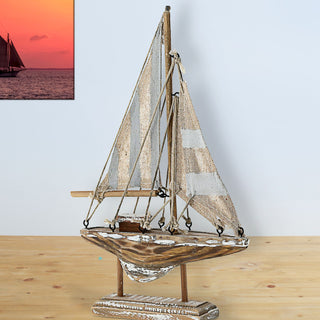 Gesperrt, nicht verwenden: Segelboot auf Sockel grau natur H22cm Kiefernholz Seil maritim Boot Schiff Dekoschiff Holzboot Antikfinish