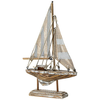 Gesperrt, nicht verwenden: Segelboot auf Sockel grau natur H22cm Kiefernholz Seil maritim Boot Schiff Dekoschiff Holzboot Antikfinish