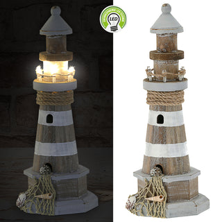 LED Leuchtturm maritim Kiefernholz Jute H29cm Naturtöne Antikfinisch Gartendeko Leuchtfeuer batteriebetrieben