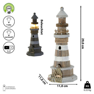 LED Leuchtturm maritim Kiefernholz Jute H29cm Naturtöne Antikfinisch Gartendeko Leuchtfeuer batteriebetrieben