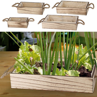 Pflanzkasten mit Henkel 4er Set geflammt Platanenholz Jute Folieninlay