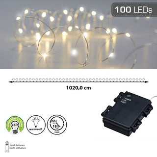 Lichterkette Outdoor 1020cm 100 LEDs warmweiß Silberdraht Timerfunktion batteriebetrieben Weihnachtsbeleuchtung Leuchtdraht