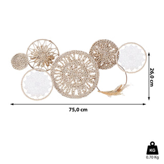 Wanddeko Metall Wandbild Wandskupltur 89x41,5x7cm Eisen Raffia Baumwolle Kreismotive naturfarben