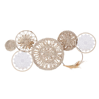 Wanddeko Metall Wandbild Wandskupltur 89x41,5x7cm Eisen Raffia Baumwolle Kreismotive naturfarben