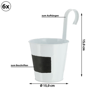 Übertopf 6er Set | weiß Ø15cm H5cm | Kräutertopf zum Aufhängen und Beschriften | Blumentopf Blechtopf Topf Hängetopf…