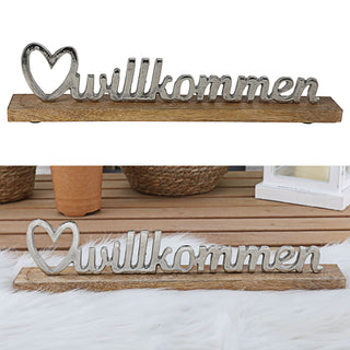 Schriftzug 'Willkommen' silber 41x9x5cm Mangoholz Aluminium Dekoaufsteller Tischdeko Aufsteller