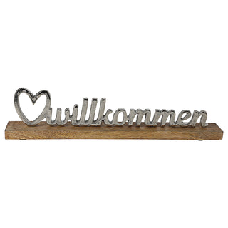 Schriftzug 'Willkommen' silber 41x9x5cm Mangoholz Aluminium Dekoaufsteller Tischdeko Aufsteller