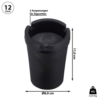 Reiseaschenbecher 12er Set im Display schwarz 8x11x8cm Kunststoff Deckel abnehmbar Tischaschenbecher Ascher
