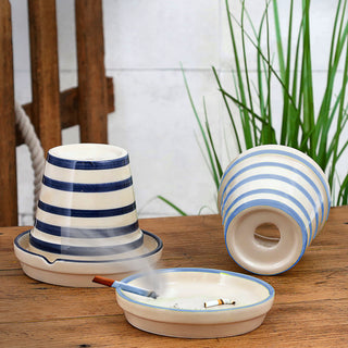 Sturmaschenbecher Maritim 2er Set blau hellblau weiß gestreift Ø12cm Dolomit Aschenbecher Windaschenbecher Topf