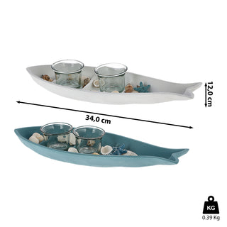 Tablett Fischform 2er Set mit Kerzenhalter MDF weiß blau 34x12cm maritim Fisch 2 Glaskerzenständer Teelichthalter