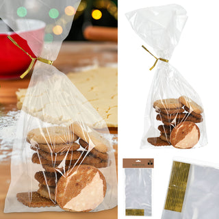 Gebäcktüten 10er Set Folie 14x26x4cm Klarsichttüte Verschluss gold Bodenbeutel lebensmittelecht Tüten