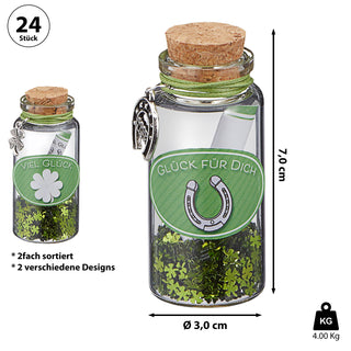 Glasröhrchen 'Glück' 24 Stück Display 3x7cm Glas Kork Glücksbringer Kleeblätter Hufeisen Glücksklee