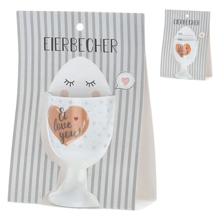 Eierbecher 4er Set 4 Motive Porzellan weiß 5x7cm weiß Halter für Eier Gute Laune Sprüche Eierhalter
