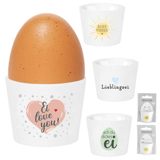 Eierbecher 4er Set 4 Motive Porzellan weiß 5x4cm weiß Halter für Eier Gute Laune Sprüche Eierhalter