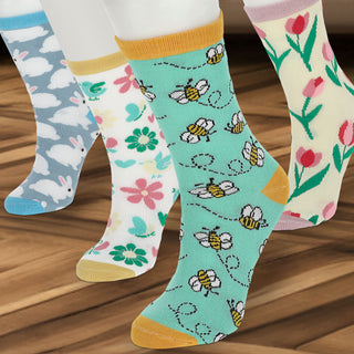 Damensocken Spring 4er Pack onesize 36-41 bunt Polyester Baumwolle Elasthan 4 Motive Strümpfe Socken Frauensocken