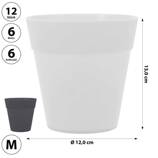 Übertopf 12er Set Kunststoff 12x13cm weiß anthrazit Blumentopf Pflanztopf Topf für Blumen Kräuter Pflanzen