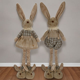 Osterhasenpaar Mann Frau mit Teleskopbeinen max. H72cm Polyester Metallbeine Brauntöne Hasenschuhe Osterdekoration